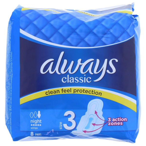 Always Classic Night Sanitary Towels Size 3 Pads of 8